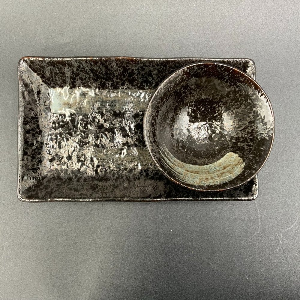 Ceramic Sushi Plate and Sauce Bowl Black and Gold Glazed Pottery